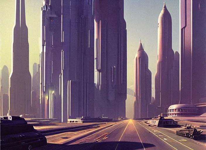 Image similar to a sci-fi spaceship driving down a street next to tall buildings, cyberpunk art by Chesley Bonestell, cgsociety, retrofuturism, matte painting, reimagined by industrial light and magic