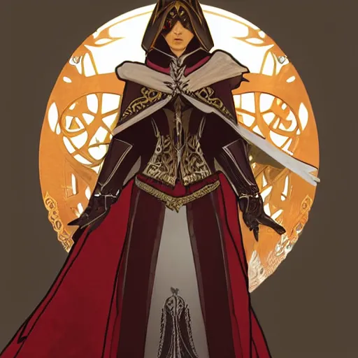 Image similar to an ultra detailed vector image of solare of astora dressed as ezio auditore, concept art by alphonse mucha and greg rutkowski, praise the blood moon, octane render, liminal space