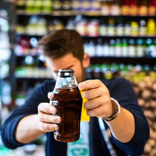 Image similar to boy hold beer bottle in the shop. angry casier refuse to sell.