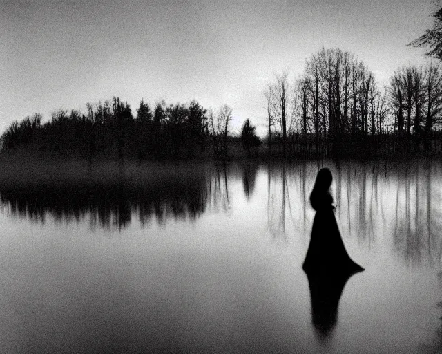 Prompt: lake by Andrei Tarkovsky, lady in long dress, mist, lomography effect, photo, monochrome, photo blurring, 35mm
