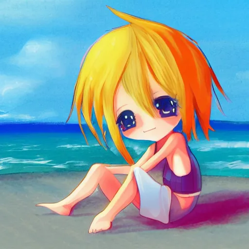 Prompt: chibi anime character, chilling on the beach, lofi colors, digital painting, super detailed