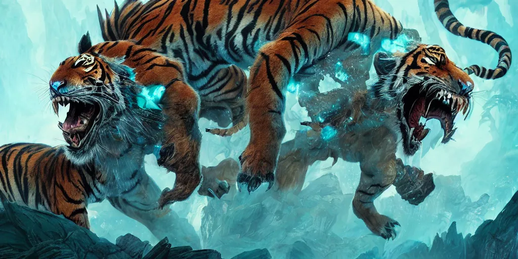 Image similar to Ghostly tiger creature made out of turquoise energy character design sheet, Monster Hunter Illustrations art book, Bright sparks, claws, huge sabertooth fangs, Moebius, Greg Rutkowski, Zabrocki, Karlkka, Jayison Devadas, Phuoc Quan, trending on Artstation, 8K, ultra wide angle, zenith view, pincushion lens effect.