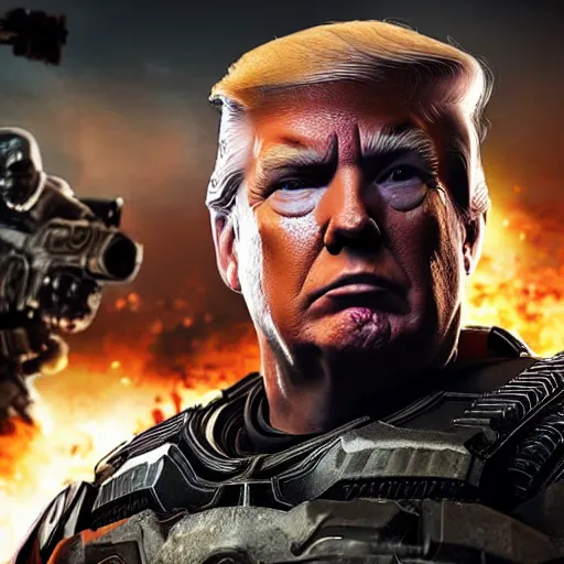 Image similar to Movie still of Donald Trump as ((the punisher)) in Gears of War, splash art, movie still, detailed face, photorealistic facial features, cinematic lighting, dramatic, octane render, long lens, shallow depth of field, bokeh, anamorphic lens flare, 8k, hyper detailed, 35mm film grain