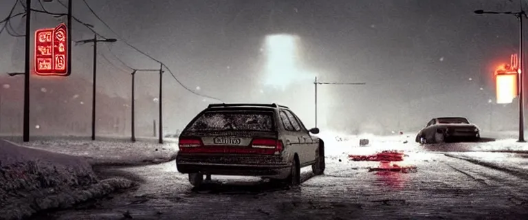 Prompt: Audi A4 B6 Avant (2002), a gritty neo-noir, dramatic lighting, cinematic, eerie person, death, homicide, homicide in the snow, viscera splattered, gunshots, establishing shot, extremely high detail, photorealistic, arson, burning city, cinematic lighting, artstation, by simon stalenhag, Max Payne (PC) (2001) winter New York at night, In the style of Max Payne 1 graphic novel, flashing lights, Poets of the Fall - Late Goodbye