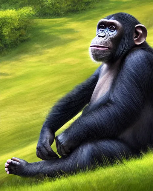 Prompt: very detailed high resolution illustration of a chimpanzee, rolling green hills, 3 d, 8 k, extremely detailed, artstation, award winning