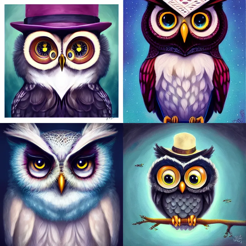 Prompt: Cute portrait of an adorable owl dressed as a magician:: symmetrical face, symmetrical eyes:: in the style of charlie bowater, Disney art:: oil painting::