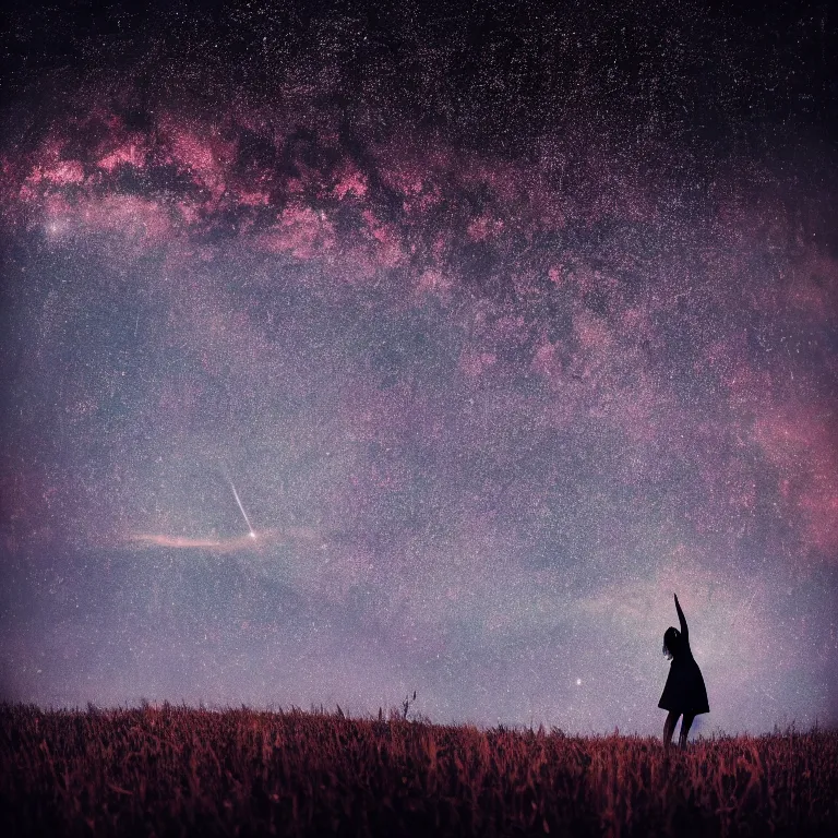 Image similar to album cover, with text'kosmichna vystava ', a beautiful landscape of a starry sky with an beautiful woman waving to the horizon, cinematic, dramatic, photojournalism, highly detailed