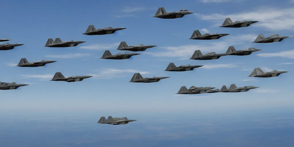 Prompt: an infinite convoy line of F-22's in the sky , extreme wide shot, infinite regression