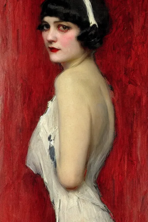 Image similar to Solomon Joseph Solomon and Richard Schmid and Jeremy Lipking victorian genre painting full length portrait painting of a young beautiful woman 1920s flapper , red background