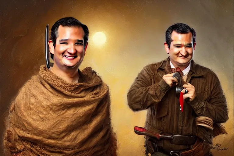 Image similar to portrait of ted cruz wearing a burlap sack with a knife at night in texas, an oil painting by ross tran and thomas kincade