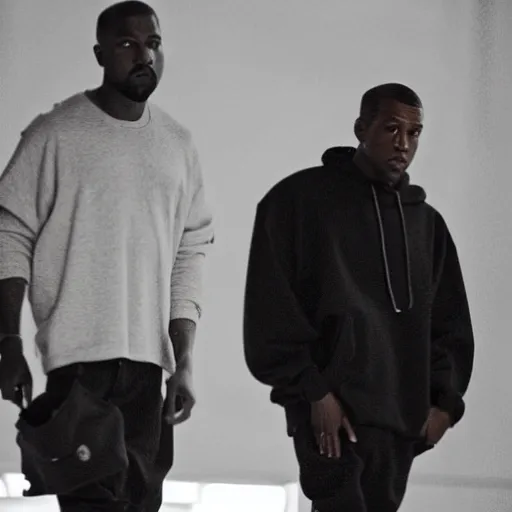 Image similar to paparazzi sneak photo of whole body and face wide shot of Kanye West wearing all black clothes in the studio with Jay-Z, the studio has dark lighting, the photo was taken in a iPhone 11, Kanye West and Jay-Z are not aware they are being filmed so they are not looking to the camera