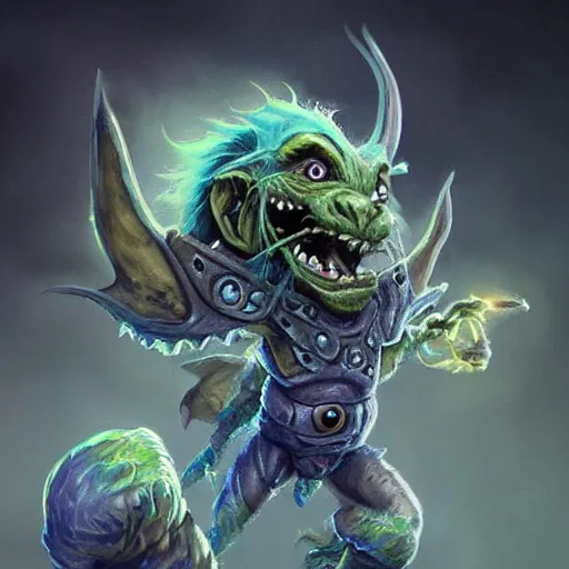 Prompt: a highly detailed goblin with grey skin and blue eyes that glow, made of wind, like magic the gathering, goblin chainwalker, digital art, by christopher rush