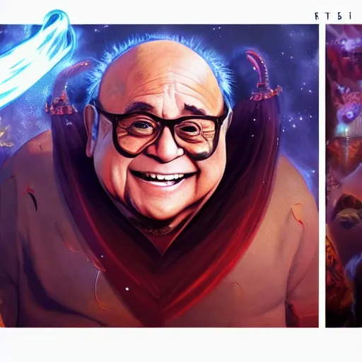 Image similar to anime portrait of Danny Devito as a shaman yedi using dark force to eliminate trump as an anime antagonist by Stanley Artgerm Lau, WLOP, Rossdraws, James Jean, Andrei Riabovitchev, Marc Simonetti, and Sakimichan, trending on artstation