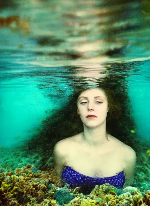 Prompt: lady laying under the sea on the seabed amongst the weeds, underwater shot, submerged, medium shot, on the bed of the river preraphaelite colour photography, 8 k