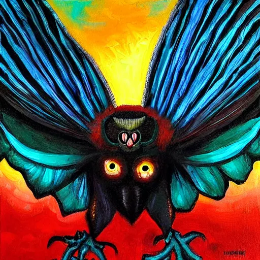 Image similar to the mothman painted by van gosh, colorful, at night