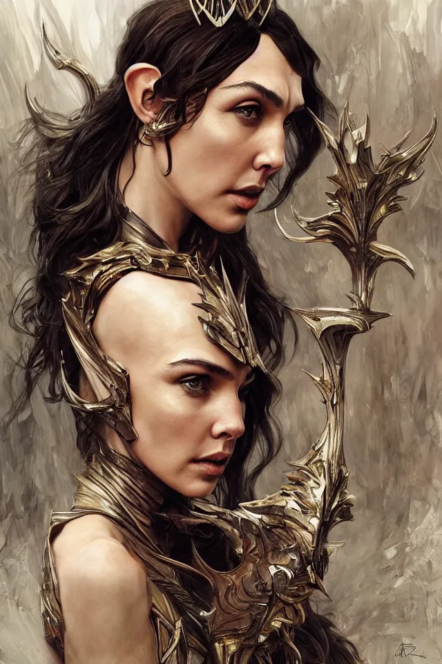 Image similar to Frightening and beautiful Gal Gadot as High elf queen wearing high fashion from Alexander McQueen and Iris Van Herpen, hyperrealistic masterpiece painted by Jaime Jones, Craig Mullins, Artgerm and Alphonse Mucha