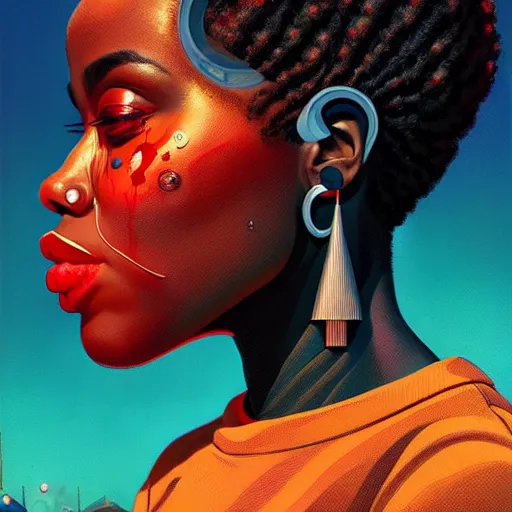 Image similar to side profile of a black woman :: blood :: background sea :: intricate details :: oxygen implant :: 8k :: simon stalenhag and Sandra Chevrier