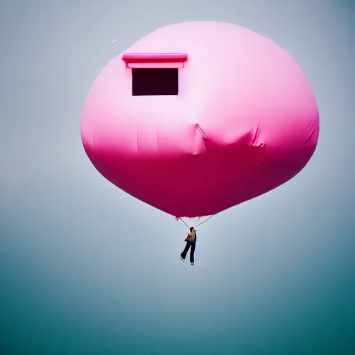 Image similar to a 5 0 mm lens photograph of a cute pink floating modern house, floating in the air between clouds, inspired by the movie up, held up from above by heart ballons. mist, playful composition canon, nikon, award winning, photo of the year