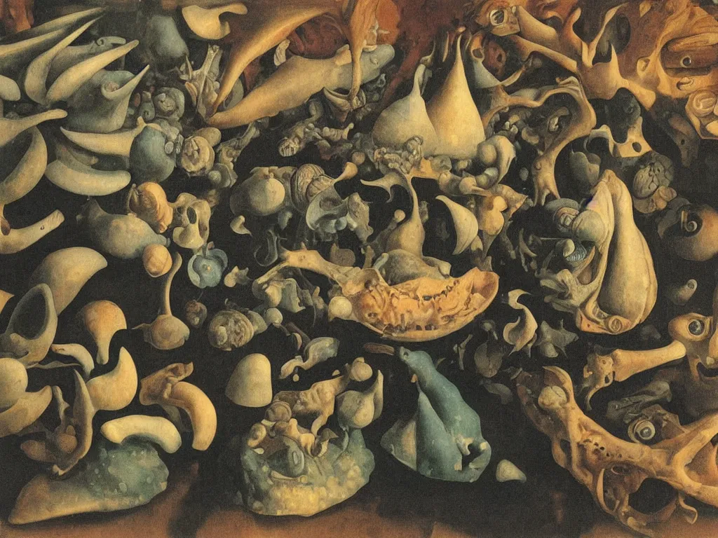 Image similar to Inside the giant cloak, miniature world at night. It rains with blue eyes. Still life with teeth and shells. Zurbaran, Rene Magritte, Jean Delville, Max Ernst, Maria Sybilla Merian