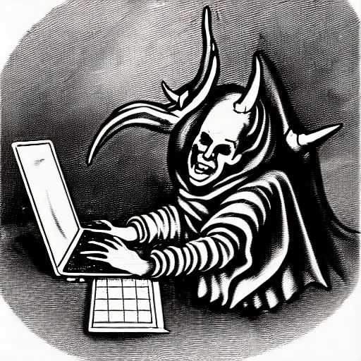Prompt: a devilish spirits emerging from a desktop computer, renaissance era sketch, satanic, ritual