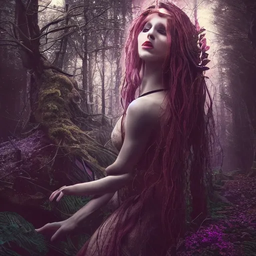 Prompt: portrait of forest witch, beautiful, attractive, glowing, jaw dropping, magical, dynamic lighting, dark, mystical, 4 k, octane render, age 2 0, background enchanted forest, intricate and ornate