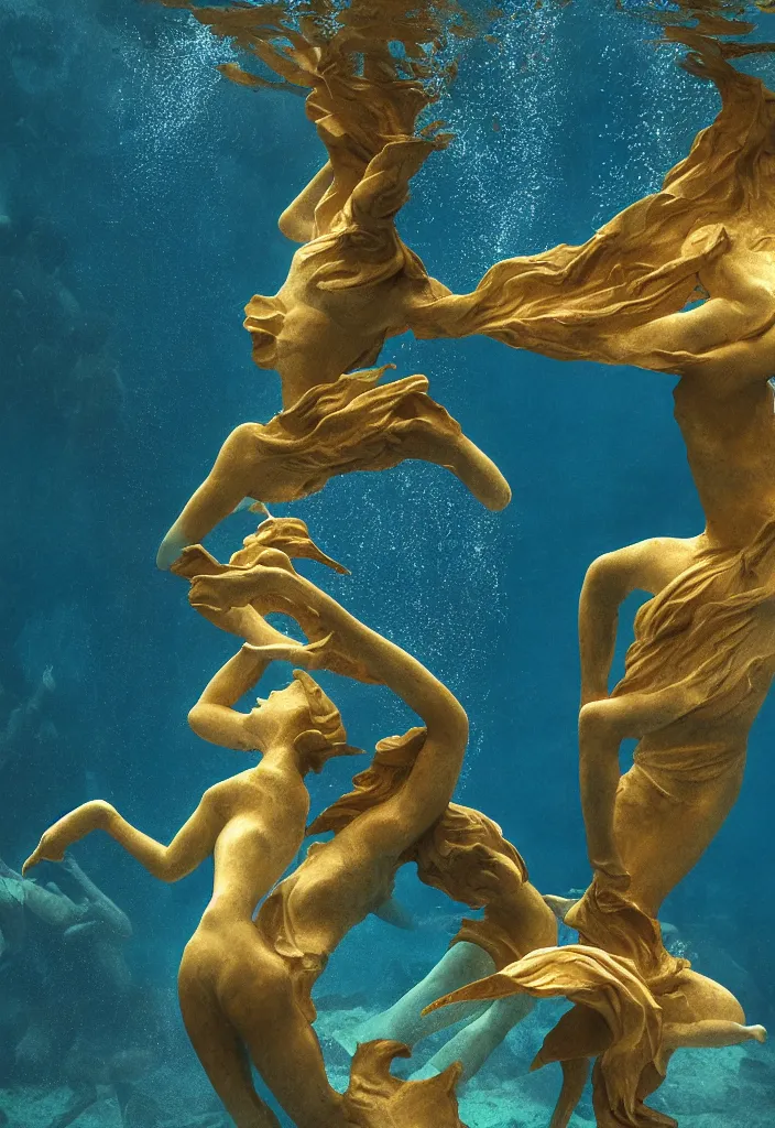 Prompt: an underwater dance. complementary colors. national geographic. 8 k, rendered in octane, smooth gradients. soft natural volumetric cinematic light. subsurface scattering. sculpture by antonio canova.