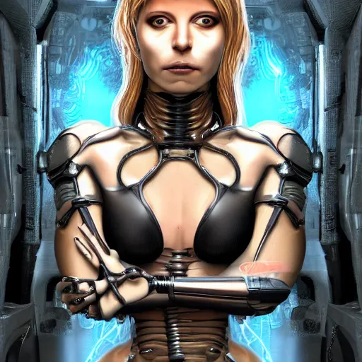 Image similar to biomechanical gina gerson chimera, goddess, chimeric organism, pale skin, organic polycarbon, full frontal, portrait, highly detailed, transhumanist, mendelbrot fractal, ray tracing, photorealistic, cyberpope, hyperdetailed, hyperrealistic, trending on artstation, oppai cyberpunk, octane render, hdr, uhd 4k