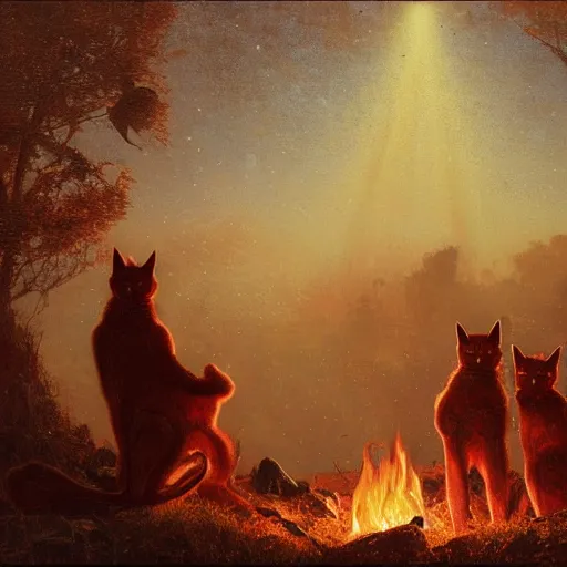 Image similar to three cute caracals wearing red ties with guitar, campfire, night, atmospheric lighting, intricate, volumetric lighting, digital art, highly detailed by gaston bussiere, craig mullins, j. c. leyendecker 8 k