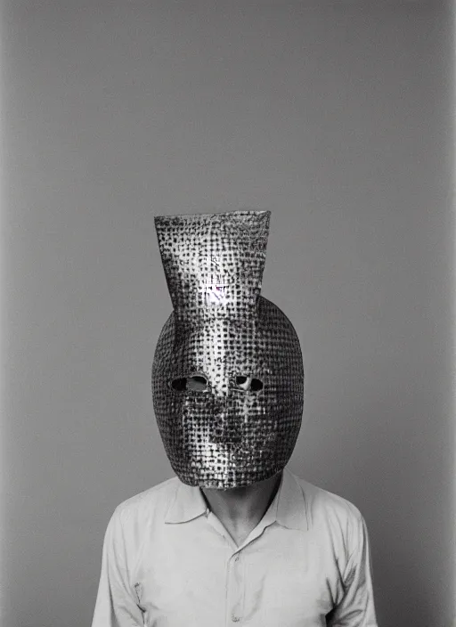 Image similar to a fashion portrait photograph of a man wearing a round metal mask designed by joseph albers, 3 5 mm, color film camera, pentax