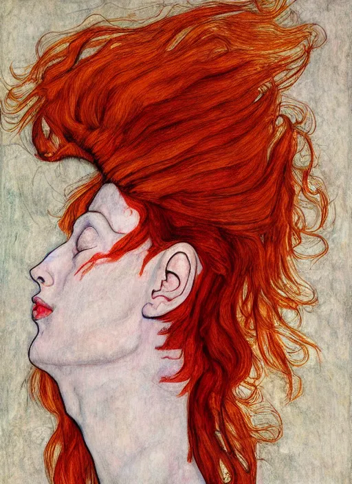 Image similar to dramatic ethereal full length illustration of a beautiful red hair woman in the art style of Egon Schiele, not realistic, sharp focus, 8k high definition, insanely detailed, intricate, elegant