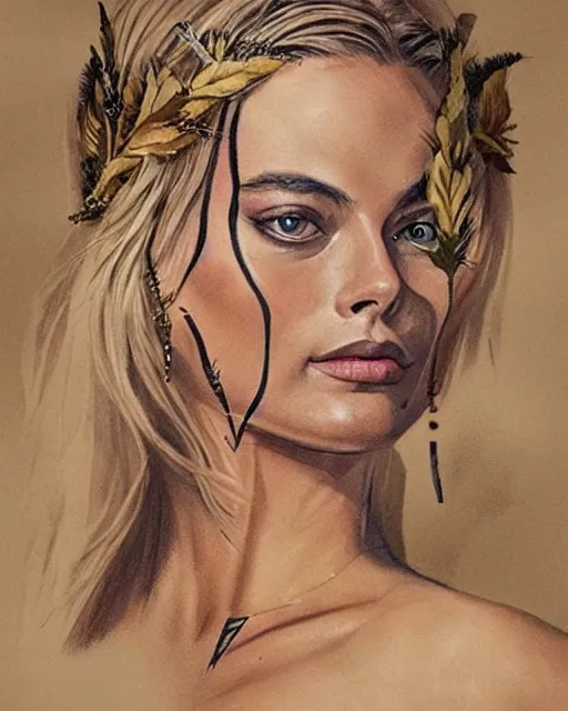 Image similar to realism tattoo sketch of margot robbie as a beautiful greek goddess aphrodite with piercing eyes wearing a laurel wreath and triangle earrings, in the style of greg rutkowski, amazing detail