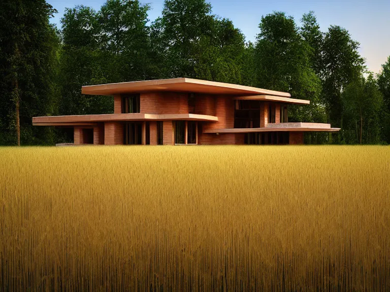 Image similar to hyperrealism design by frank lloyd wright photography of beautiful detailed eco house around the forest in small ukrainian village by taras shevchenko and wes anderson and caravaggio, wheat field behind the house