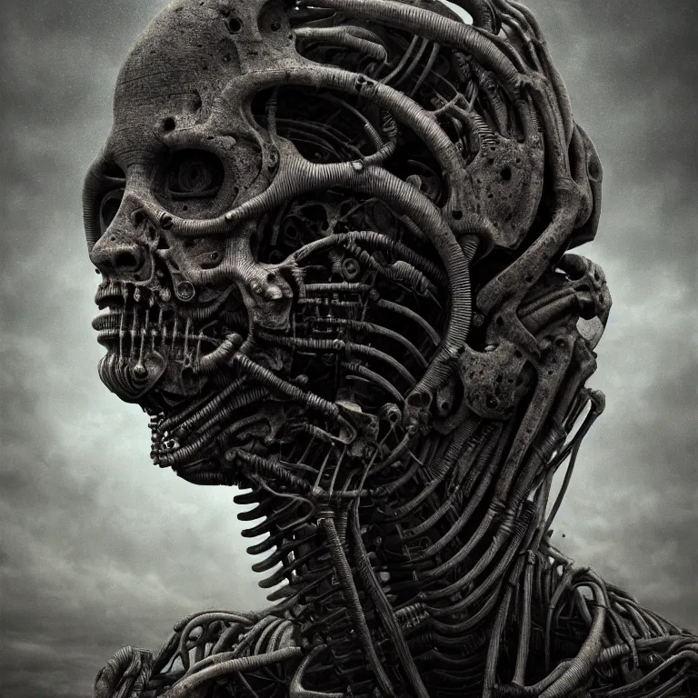 Image similar to ribbed cyborg face portrait, baroque painting, standing in a desolate empty wasteland, creepy, nightmare, dream-like heavy atmosphere, surreal abandoned buildings, beautiful detailed intricate insanely detailed octane render trending on Artstation, 8K artistic photography, photorealistic, chiaroscuro, Raphael, Caravaggio, Beksinski, Giger