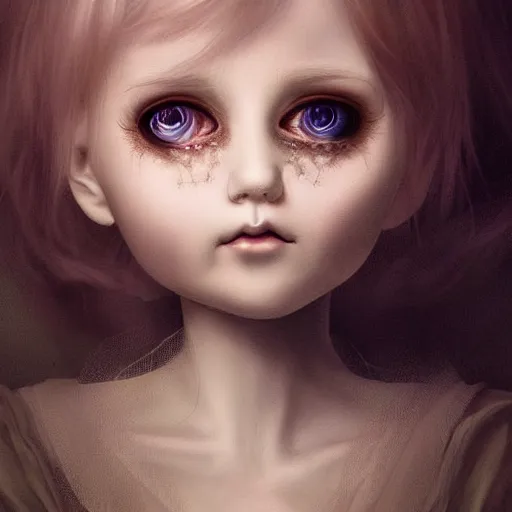 Prompt: porcelain doll with a spirit trapped inside stares intently into the camera, endless gaze, nightmare digital art, artstation, ultra detailed, beautiful aesthetic art