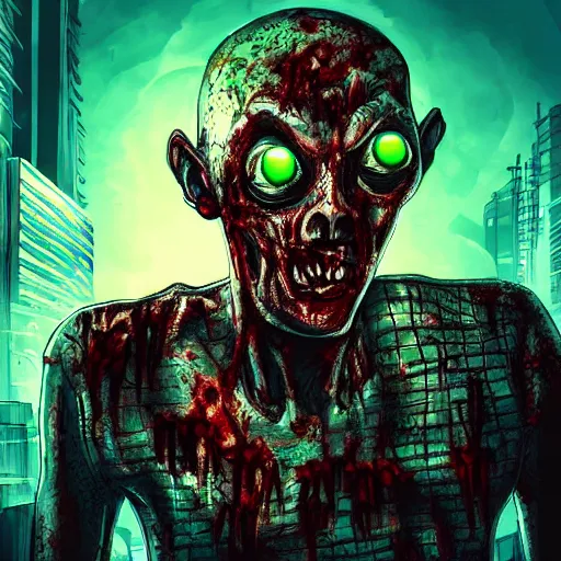 Image similar to a zombie holding a severed head, futuristic city, synthwave, highly detailed face, fantasy, epic, high quality