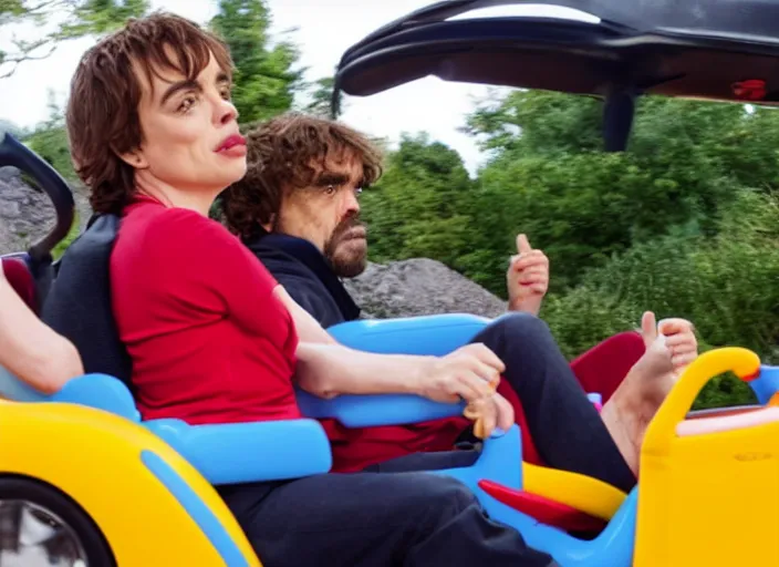 Image similar to peter dinklage and anne hathaway driving a little tikes cozy coupe, movie still, from the new fast 5, 8 k, realistic