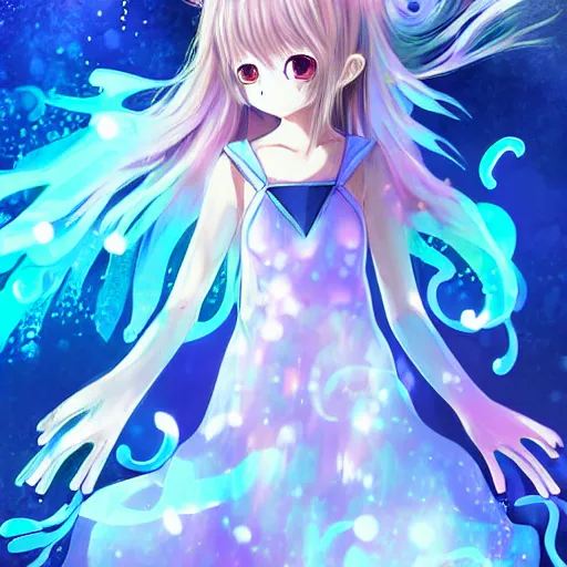 Image similar to advanced digital art a very cute anime girl wearing a dress made of water turning into mist standing in a crystal lake full body WLOP RossDraws Totorl Sakimimichan