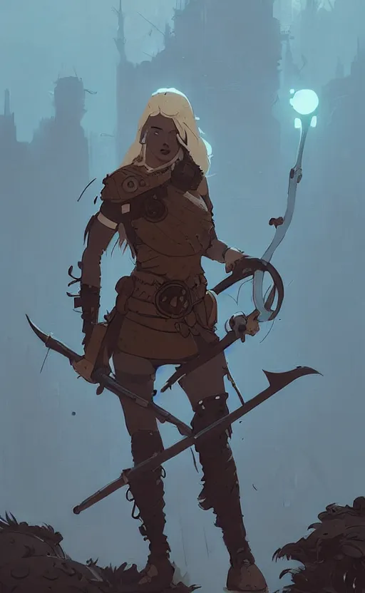 Image similar to female celtic warrior by atey ghailan, by greg rutkowski, by simon stalenhag, by greg tocchini, by james gilleard, by joe fenton, by kaethe butcher dynamic lighting, gradient light blue, brown, blonde cream and white color scheme, grunge aesthetic