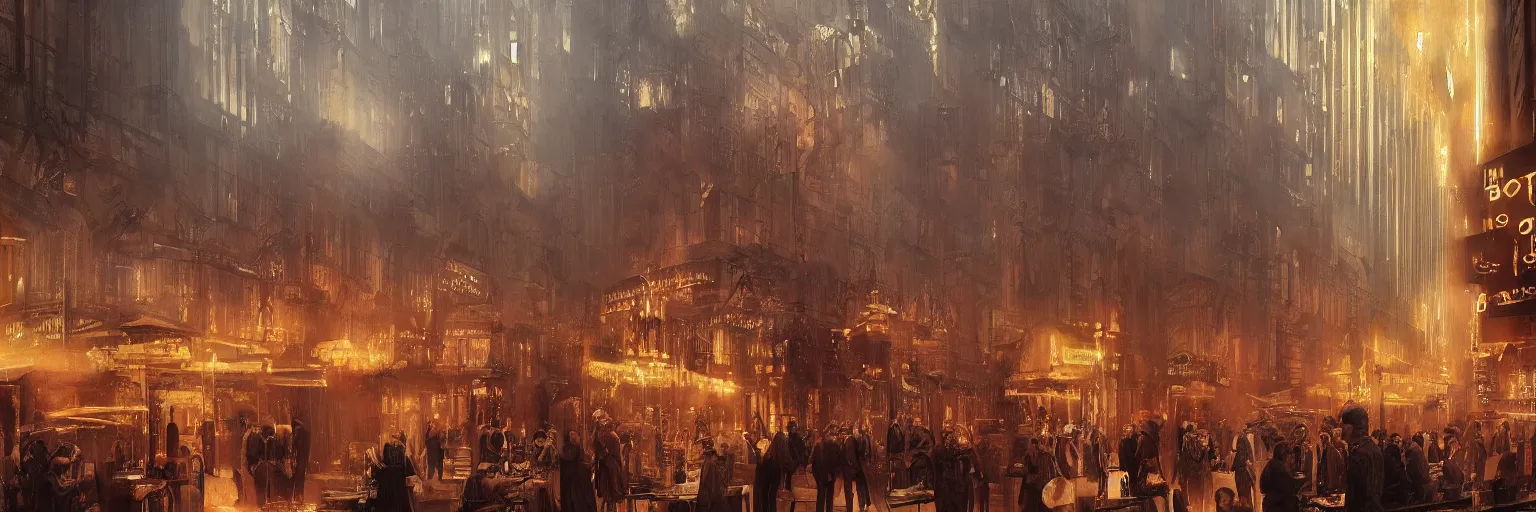 Prompt: Babylon Berlin. Night. Crowded Art deco restaurant. Berlin, late golden 1920s. Gropius. Metropolis. Mist. Highly detailed. Hyper-realistic. Cheerful. Merry mood. Warm colors. Dynamic composition. Matte painting in the style of Eddie Mendoza, Craig Mullins