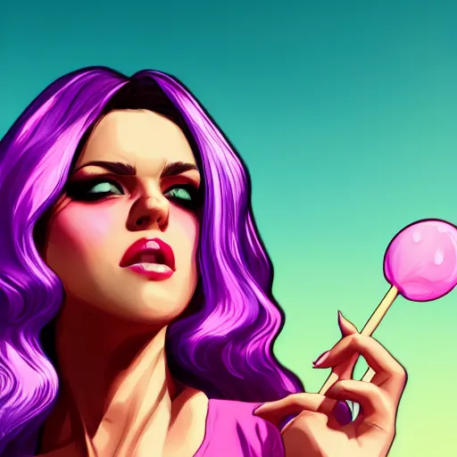 Image similar to a stunning GTA V loading screen with a beautiful woman with ombre hairstyle in purple and pink blowing in the wind licking a lollipop, digital art, trending on artstation