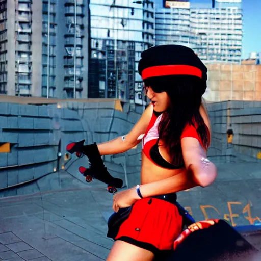 Prompt: Jet Set Radio, Teenage girl, French girl, black beret, black beret with a red star, black shirt with red star, black leather shorts, parkour, freerunning, rollerblading, rollerskates, city on a hillside, colorful buildings, futuristic city