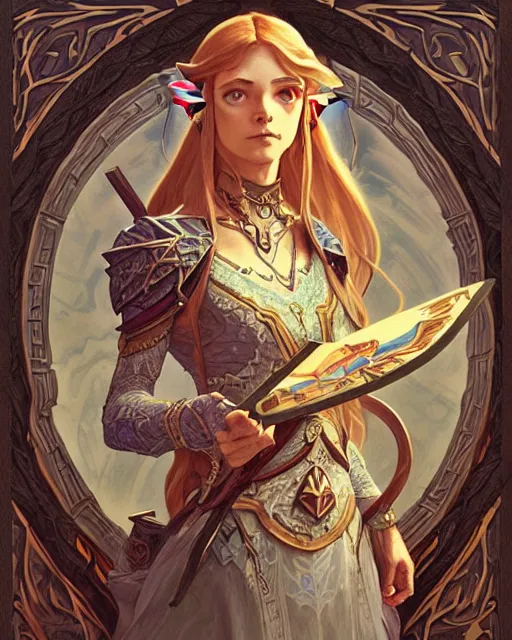 Image similar to legend of Zelda art nouveau, D&D, fantasy, intricate, elegant, highly detailed, digital painting, artstation, concept art, matte, sharp focus, illustration, hearthstone, art by Artgerm and Greg Rutkowski and Alphonse Mucha