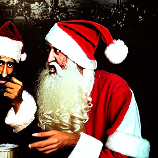 Image similar to uhd candid photo of bin laden and santa claus on skid row, making a dirty bomb. correct faces, studio lighting, intricate details, hyperdetailed, accurate faces. photo by annie leibowitz