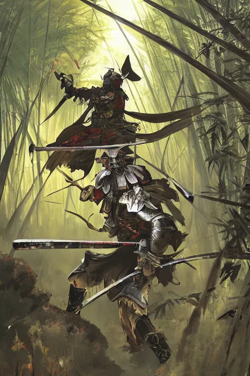 Image similar to an epic samurai in full armor in a mysterious japanese bamboo forest with light shafts, by jesper ejsing and maciej kuciara