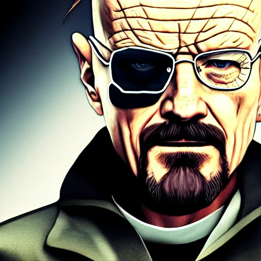 Image similar to walter white wearing an eyepatch and dressed as solid snake from metal gear, 4 k, hyper realistic, dslr, high resolution, landscape, beautiful