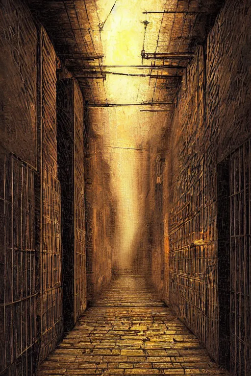 Prompt: a beautiful painting digital of a dark alley room at night with wooden crates metal grids by james gurney