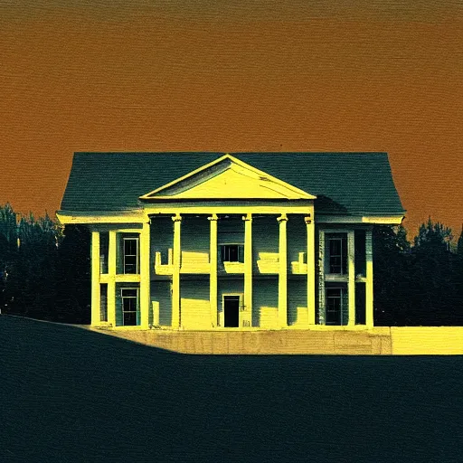 Prompt: a beautiful painting of a building in a serene landscape, anaglyph filter