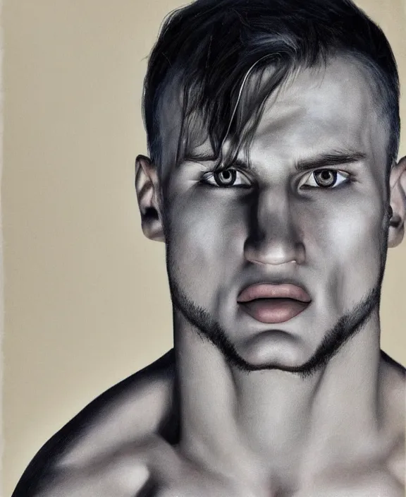 Image similar to portrait of a handsome young swedish wrestler, art by denys tsiperko and bogdan rezunenko, hyperrealism