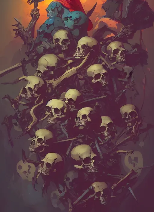 Prompt: a pile of bones and skulls, heroic, glorious, in the style of artgerm, gerald brom, atey ghailan and mike mignola, vibrant colors and hard shadows and strong rim light, plain background, comic cover art, trending on artstation
