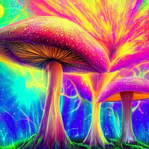 Prompt: psychedelic forest with large mushrooms, mystical, digital art, rich colors, elegant, nebula, trippy n - 9
